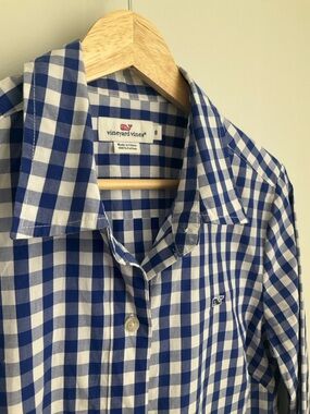 Vineyard Vines 100% Cotton Women Size 8 Blue and White Gingham Button-Down Shirt